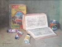 Tubetti di colore e libri  Olio su MDF 40 x 30